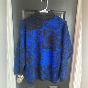 Separate Issue Vintage Sweater Blue And Black Roses Block Plaid Floral-Size M